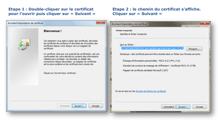 Image de l'assistant d'importation de certificat : Etape 1 : double cliquer sur le certificat puis cliquer sur 