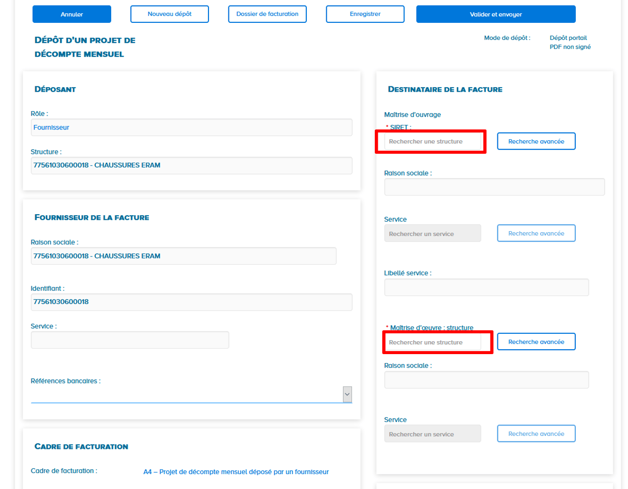 pa ge représentant l'endroit ou l'on doit rentrer les numéros SIRET de la MOE et du destinataire