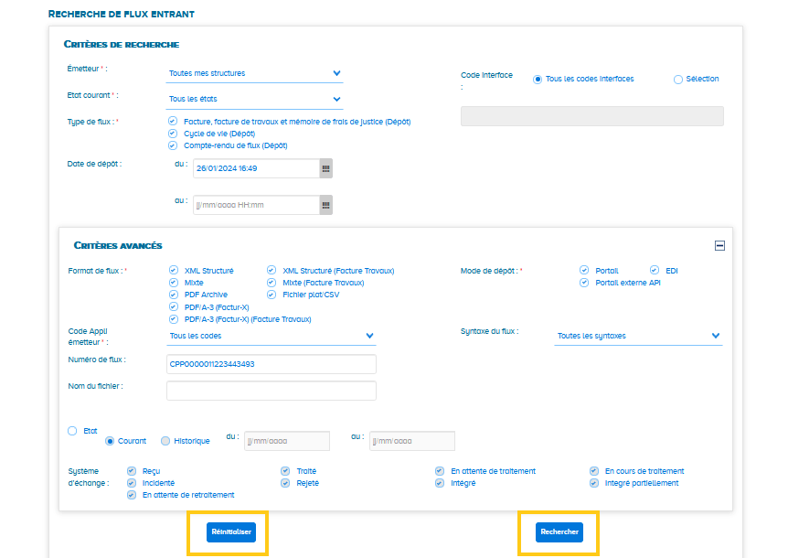 Terminer sa recherche avancée de flux en cliquant sur les boutons réinitialiser ou rechercher