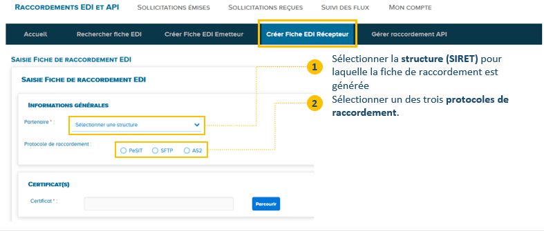 Création d'une fiche EDI récepteur. Etape 1: renseigner la structure. Etape 2 : choisir son protocole de raccordement