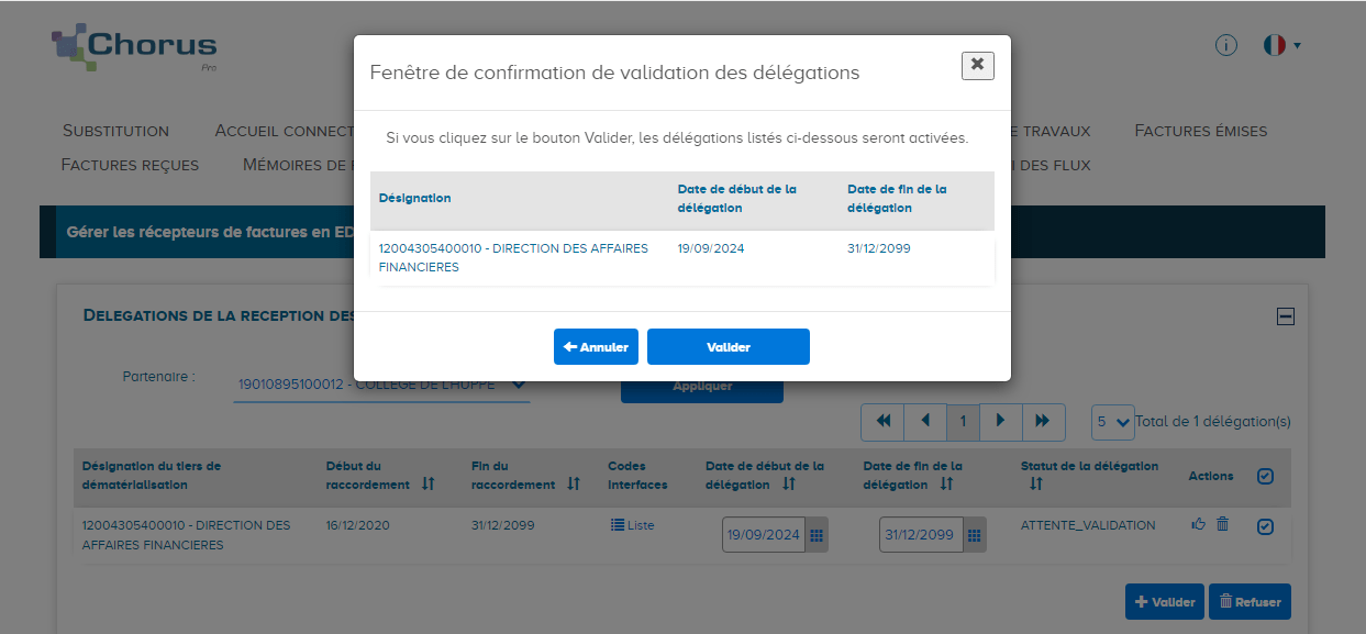 Vue du pop'up de validation de délégation de réception